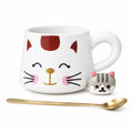 Cat-Themed Ceramic Mug Set with Wooden dish and Golden Spoon