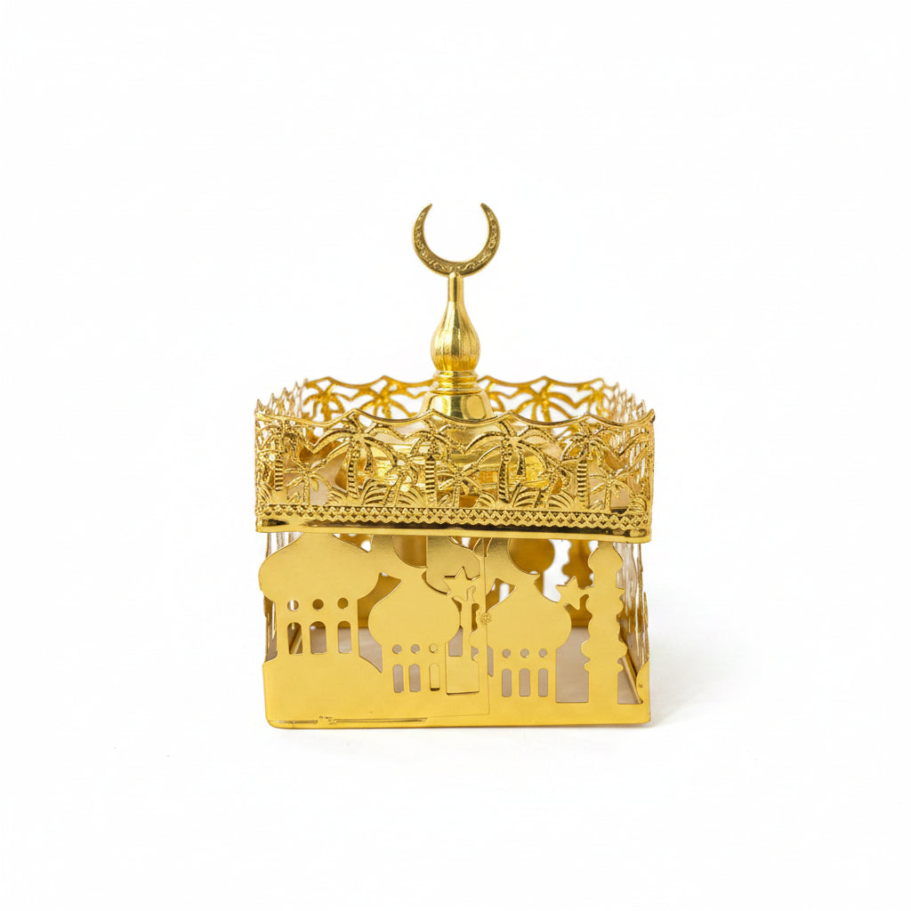 Luxury Islamic Silhouette Gold Metallic Bakhoor Burner - Elegant Mosque & Crescent Moon Incense Holder for Ramadan and Traditional Home Decor