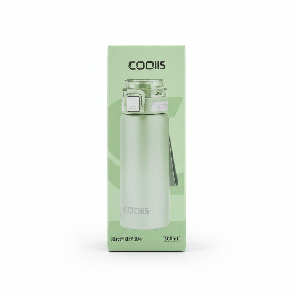 Coolis 500ml Insulated Stainless Stee. Water Bottle | Leak-Proof Sports Travel Flask with Flip-Top Locking Lid & Wrist Strap