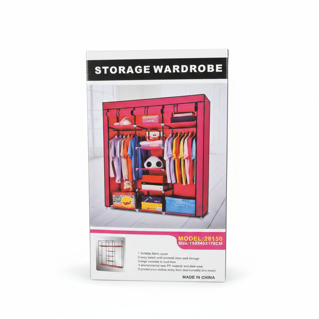 Extra-Wide Portable Storage Wardrobe – 150cm Multi-Compartment Fabric Clothes Closet Organizer with Dual Hanging Rails, High-Strength Steel Pipes, and Roll-Up Dust Cover, Model 28150