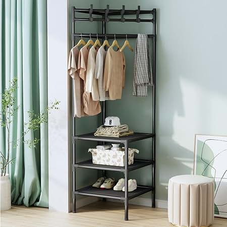 3-in-1 Multi-Functional Corner Coat Rack – Space-Saving 2-Tier Storage Shelves & Hanging Rail