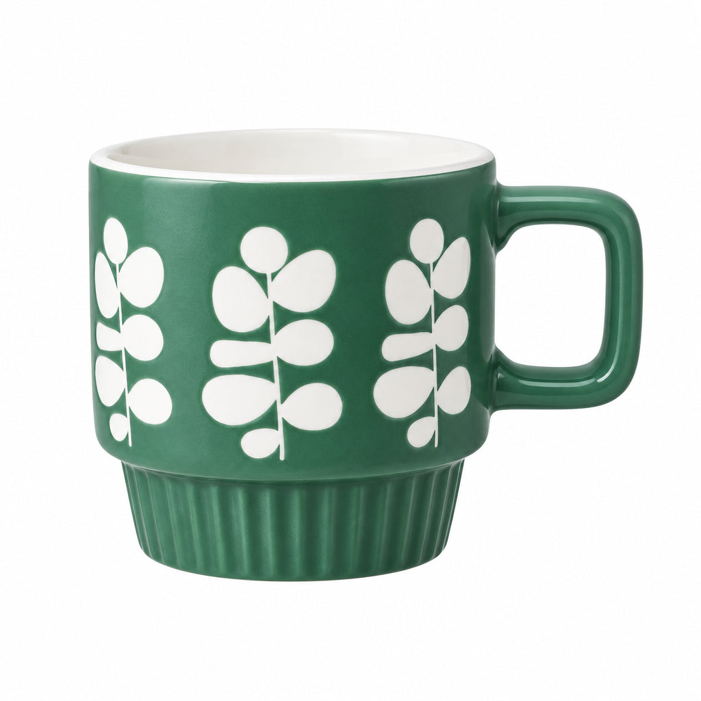 Saida Scandinavian Stackable Botanical Ceramic Mug - Nordic Matte Espresso & Cappuccino Cup, Space-Saving Ribbed Base Single Coffee Mug with Handle tree-lined