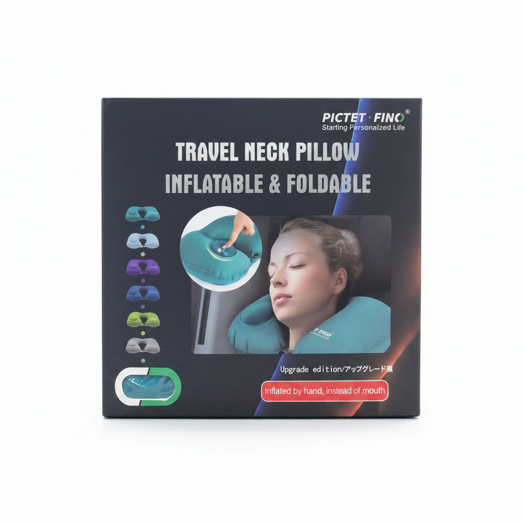 PICTET FINO Push-Button Inflatable Travel Neck Pillow – Ergonomic Foldable Airplane Pillow with Built-in Hand Pump and Compact Storage Box