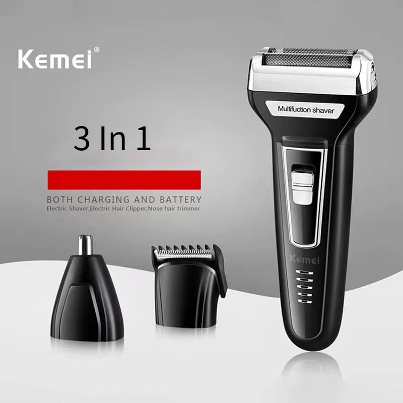 Kemei KM-6558 3-in-1 Professional Electric Hair Clipper & Grooming Kit - Multifunctional Shaver, Nose Trimmer, and Barber Head