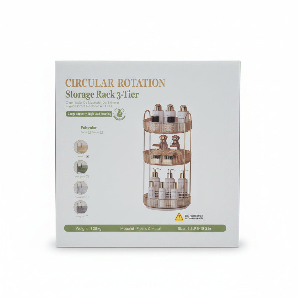 3-Tier Circular Rotation Storage Rack - 360° Lazy Susan Large Capacity Countertop Organizer, Luxury Multi-Layer Bathroom Vanity & Kitchen Spice Carousel Stand