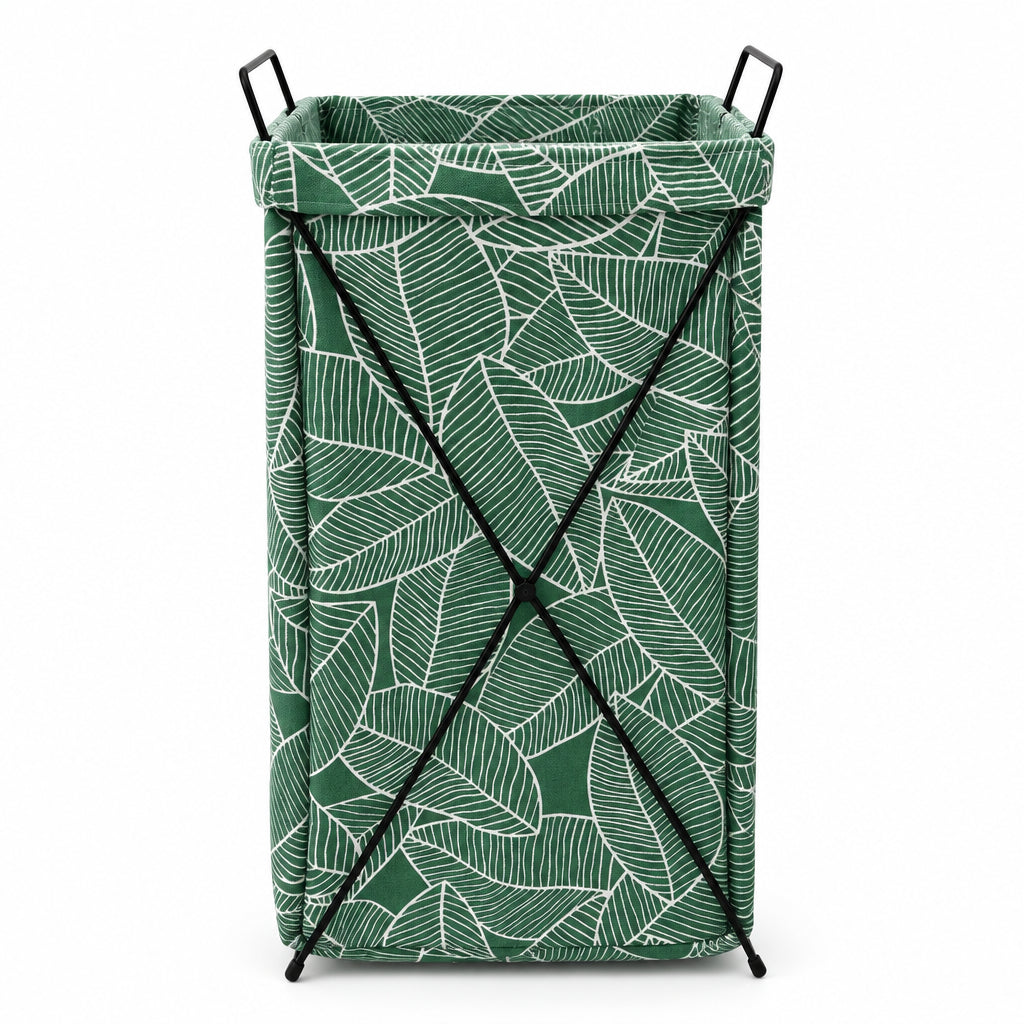 Green Leaf Print Laundry Hamper – Stand-Up Metal Frame Basket - Large