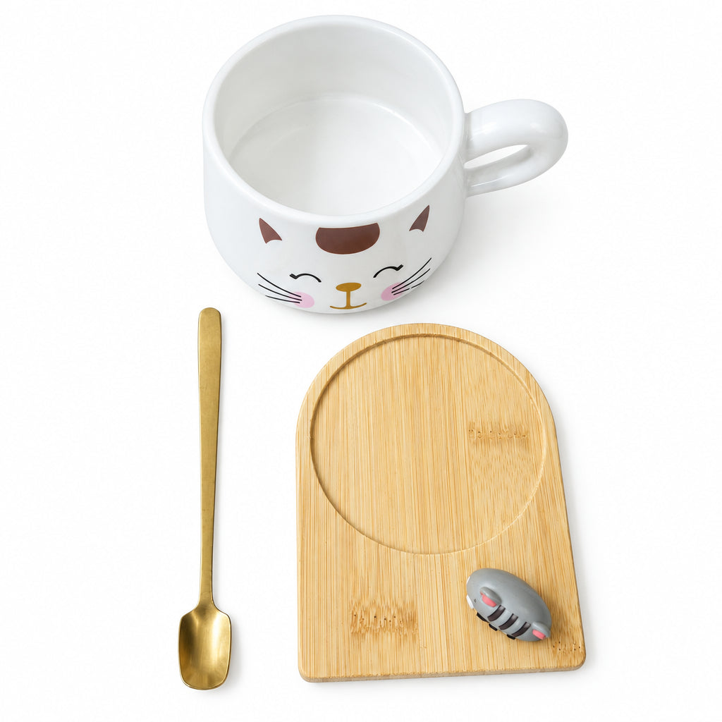 Cat-Themed Ceramic Mug Set with Wooden dish and Golden Spoon