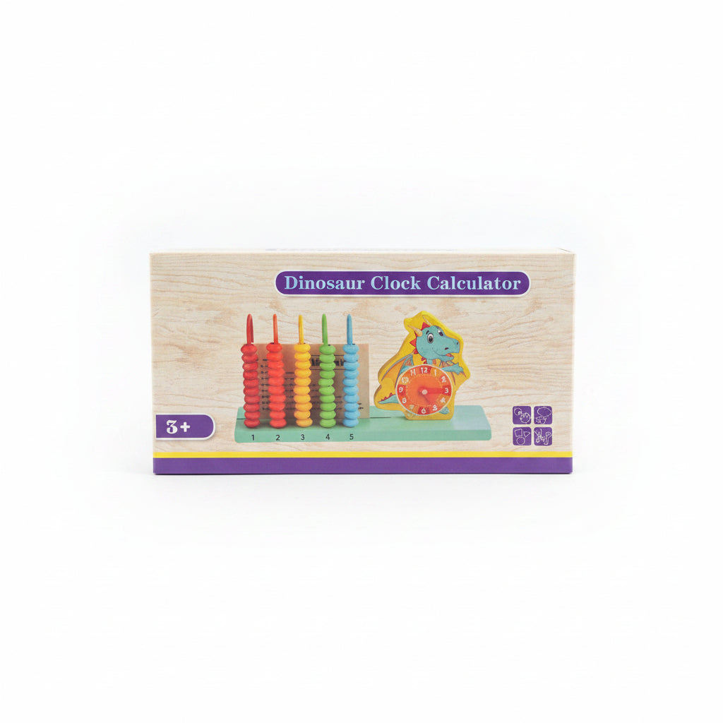 Wooden Dinosaur Clock Calculator & Abacus. 3-in-1 Montessori Educational Toy for Counting, Math, & Telling Time