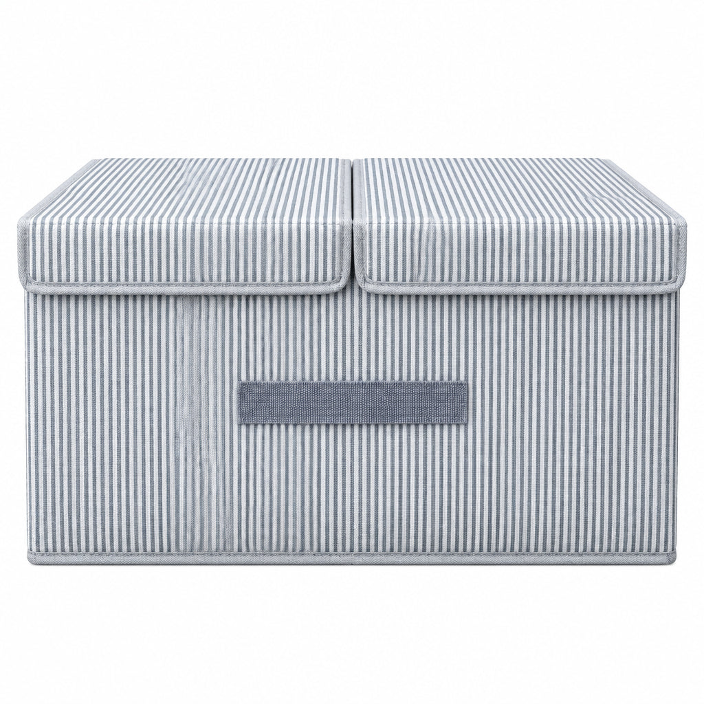 Gray Striped Fabric Storage Box with Lids and Dividers – Foldable Organizer Bin