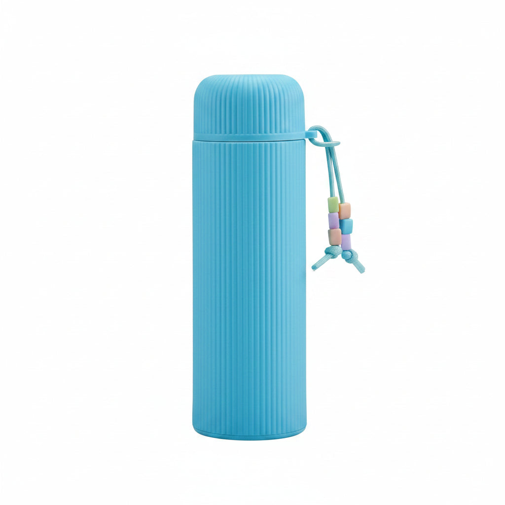 Premium Ribbed Glass Water Bottle with Protective Sleeve & Carrying Strap 400ml