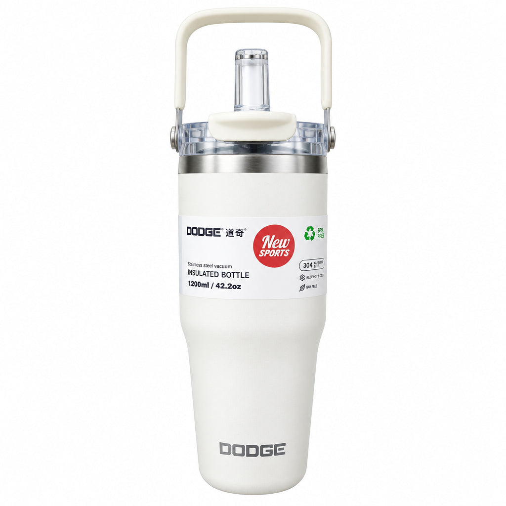 DODGE Premium Stainless Steel Vacuum Insulated Sports Travel Tumbler – Large 1200ml / 42.2oz Thermal Water Bottle with Dual-Function Straw Lid and Heavy-Duty Carrying Handle