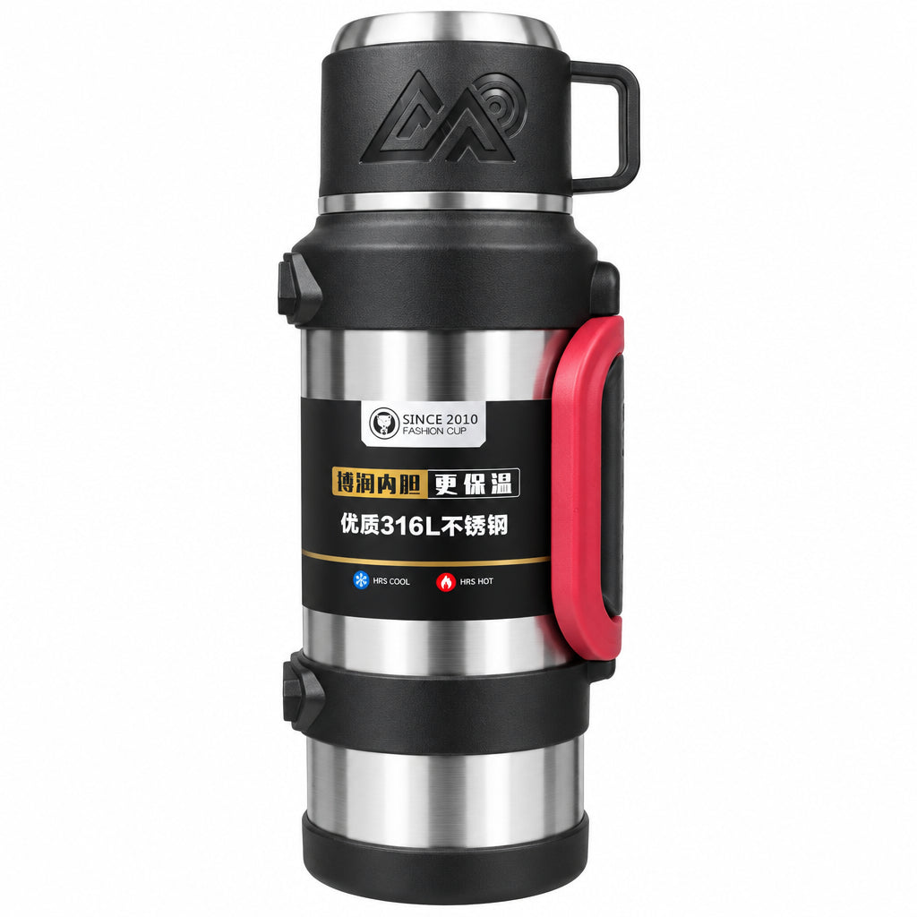 Heavy-Duty Stainless Steel Vacuum Flask – Large 2000ml Thermal Travel Thermos with Double-Wall Insulation, Integrated Carrying Handle, and Dual-Purpose Serving Cup Lid