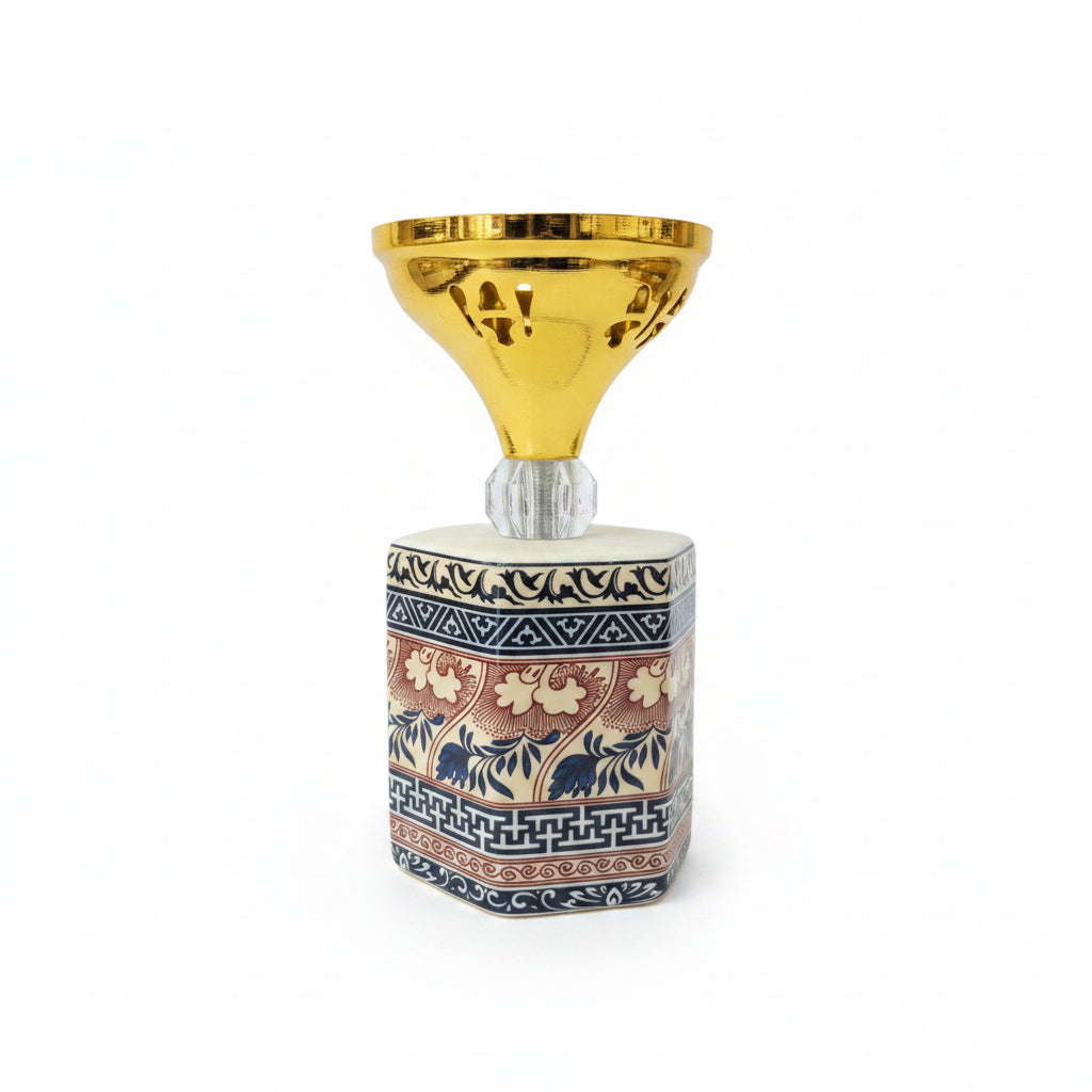 Vintage Ceramic & Gold Metallic Bakhoor Burner - Elegant Middle Eastern Oud Incense Holder with Traditional Pattern Base & Crystal Accent