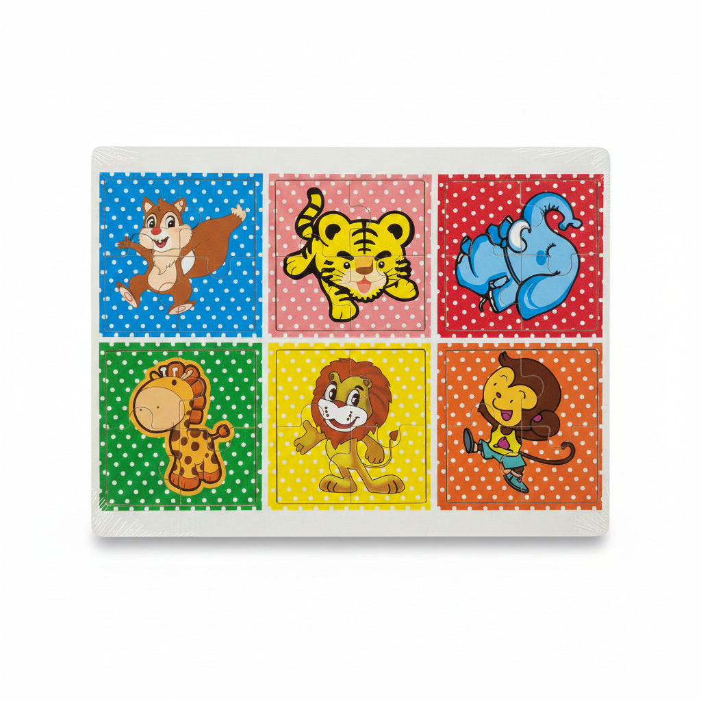 6-in-1 Wooden Animal Jigsaw Puzzle Board. Toddler Early Learning Multi-Grid Cartoon Puzzle Set for Cognitive Development