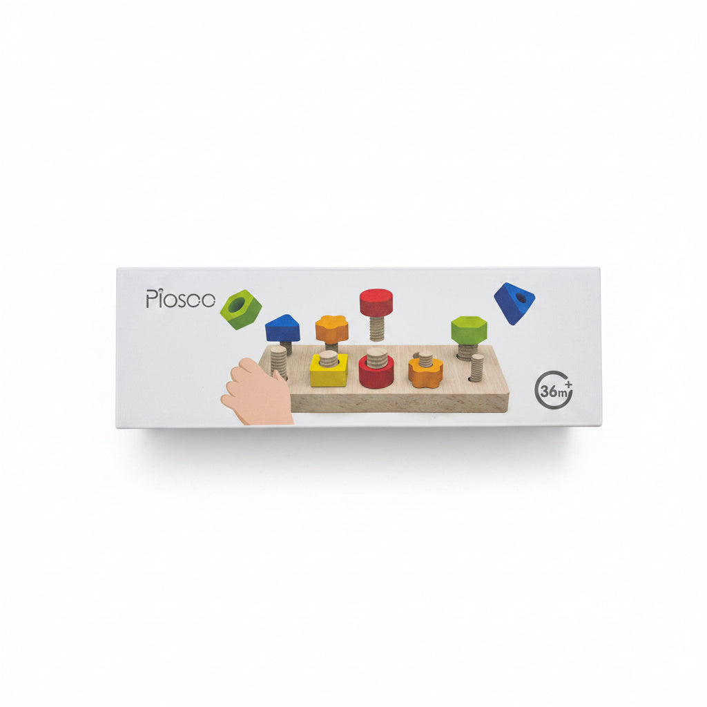 Piosco Wooden Nuts and Bolts Board Game. Montessori Shape Matching & Fine Motor Skills Screw Toy for Toddlers
