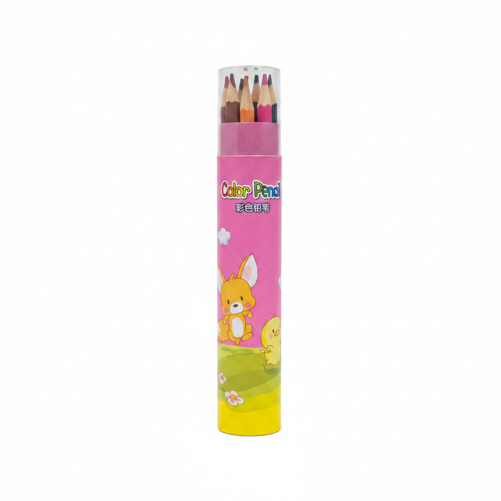 Cartoon Animal 12-Color Pencil Set in Cylindrical Case - Pink