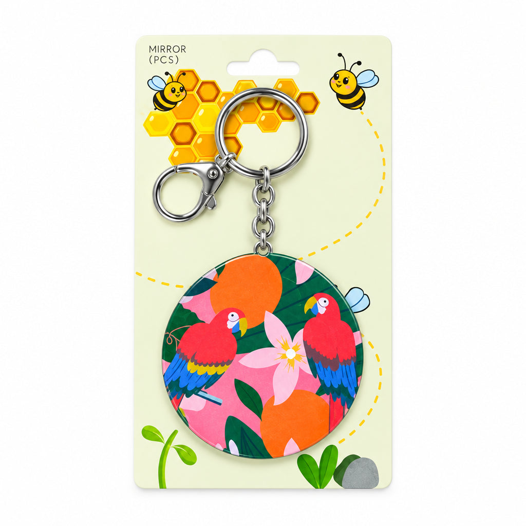 Round Tropical Floral Pocket Mirror Keychain – Compact Portable Makeup Mirror & Handbag Charm