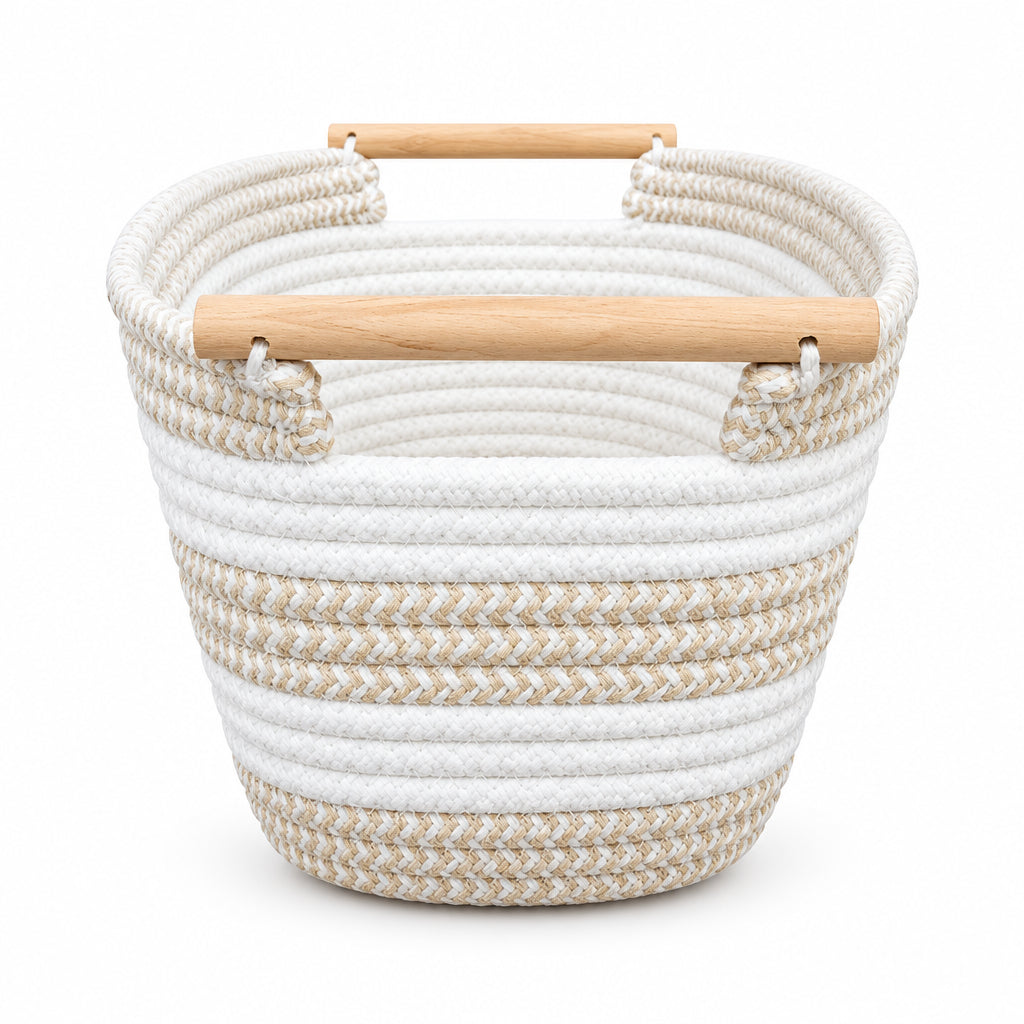 Woven Cotton Rope Storage Basket – Assorted Colors with Wooden Handles