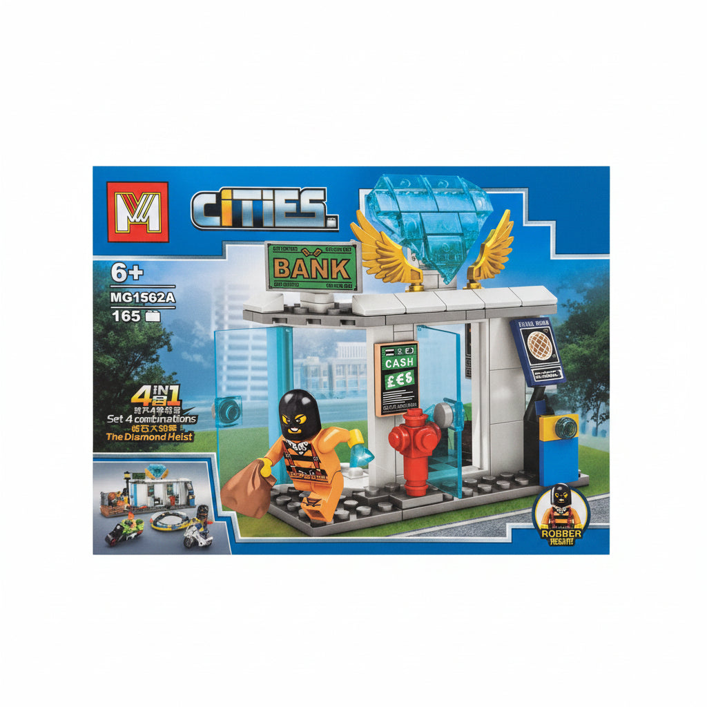 Cities The Diamond Heist Building Blocks Set - 165 Pcs 4-in-1 Action Toy Kit with Bank, Robber Minifigure, and Vehicles for Kids Ages 6+