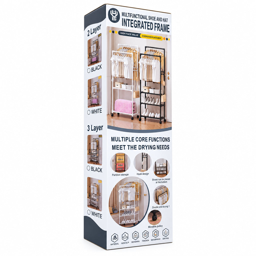 Multifunctional 2-Layer White Shoe and Hat Integrated Frame – Mobile Garment Rack