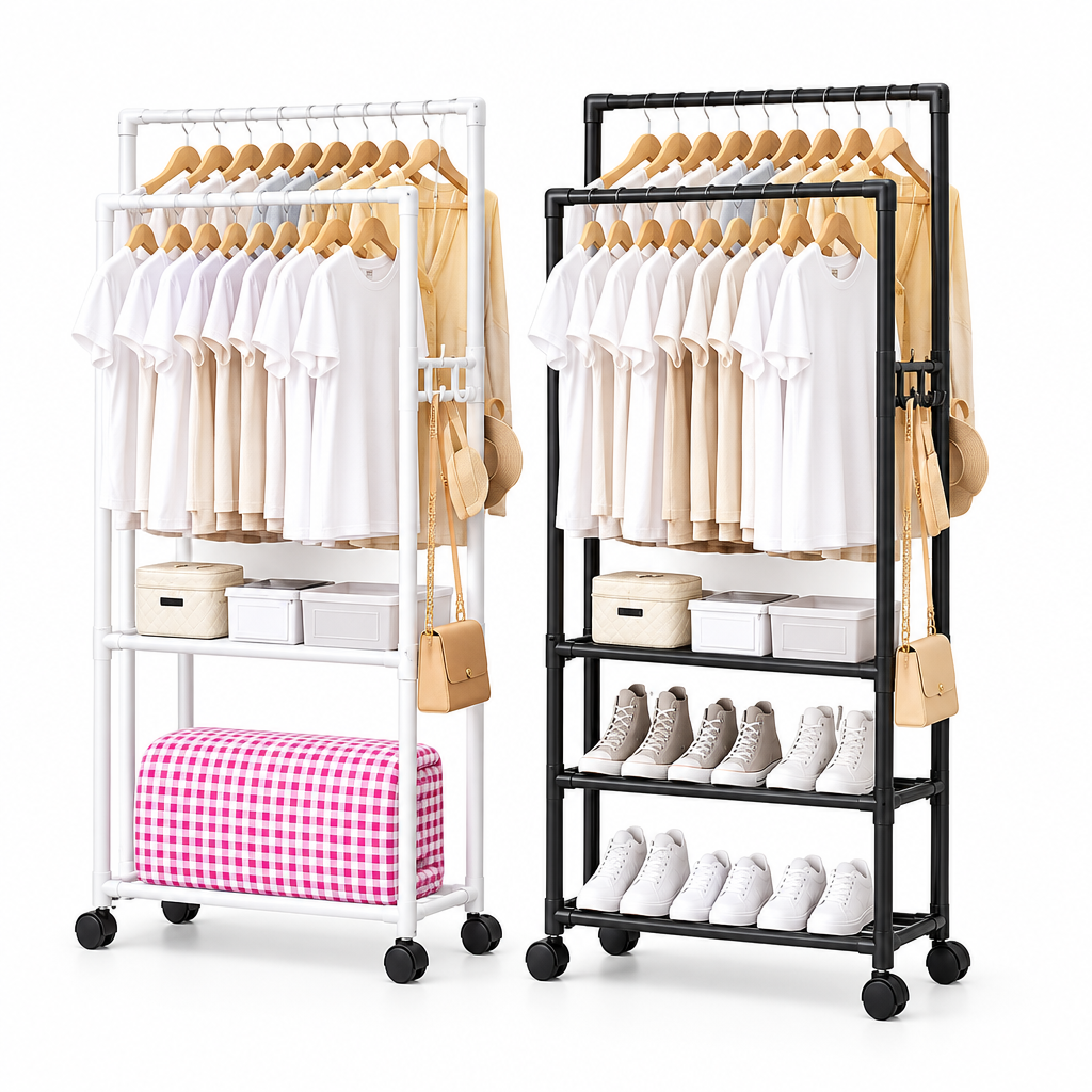 Multifunctional 2-Layer White Shoe and Hat Integrated Frame – Mobile Garment Rack