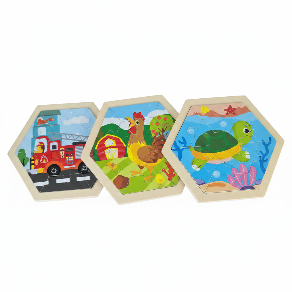 Hexagonal Wooden Jigsaw Puzzle for Toddlers. Educational Early Learning Shape-Sorting Brain-Teaser Toy (Single Piece)