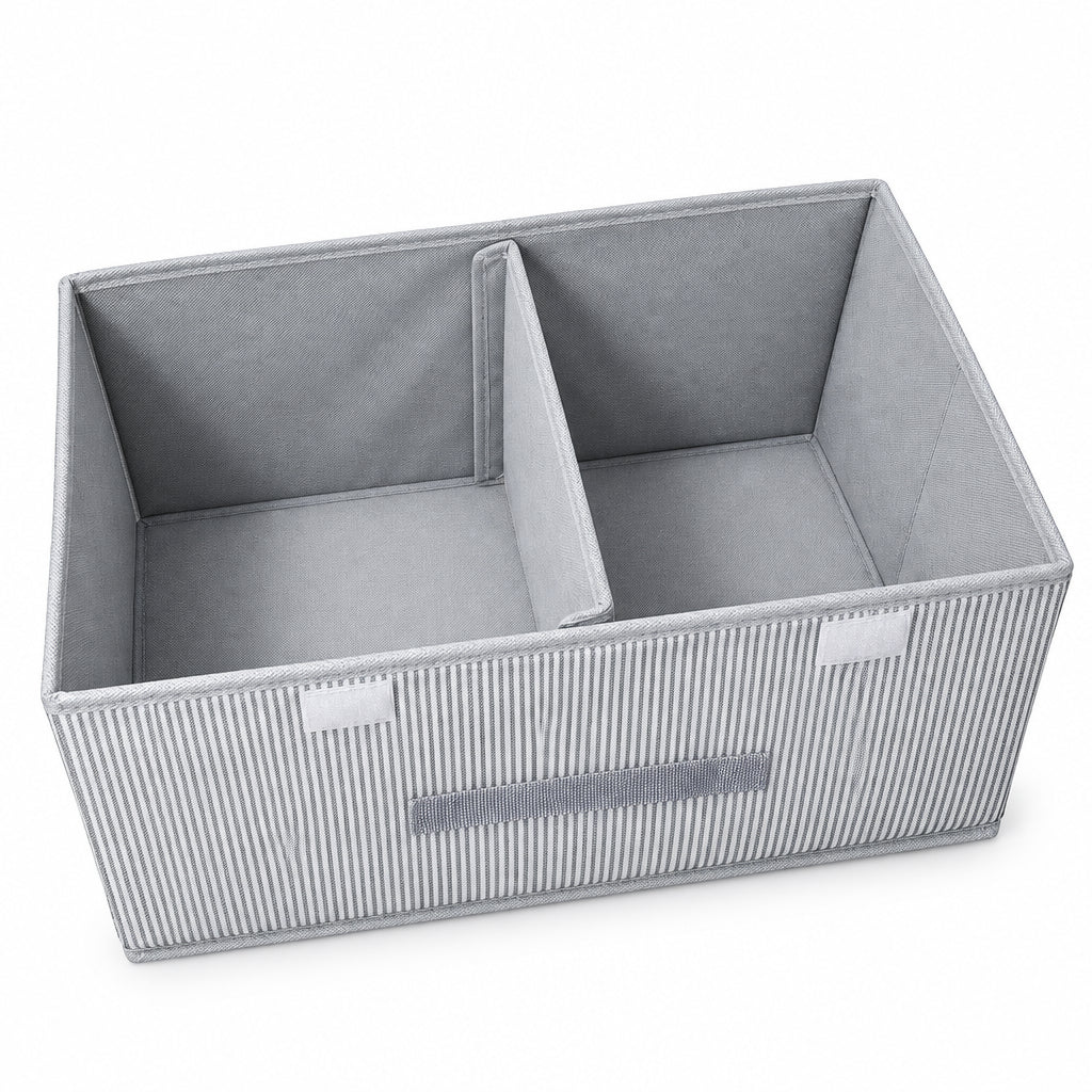 Gray Striped Fabric Storage Box with Lids and Dividers – Foldable Organizer Bin