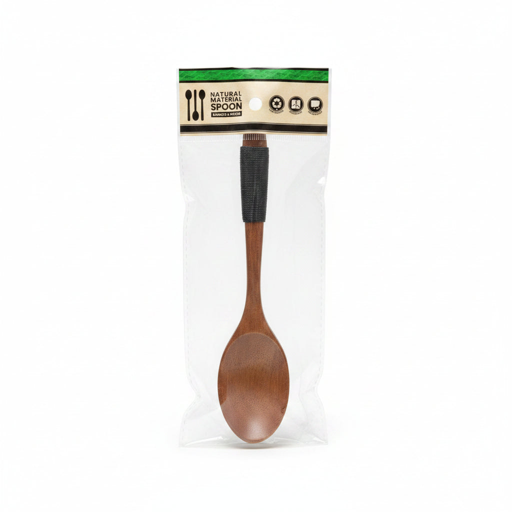 Japanese-Style Handcrafted Wooden Soup Spoon – Eco-Friendly Natural Wood Dinner Spoon with Black Thread Wrapped Handle