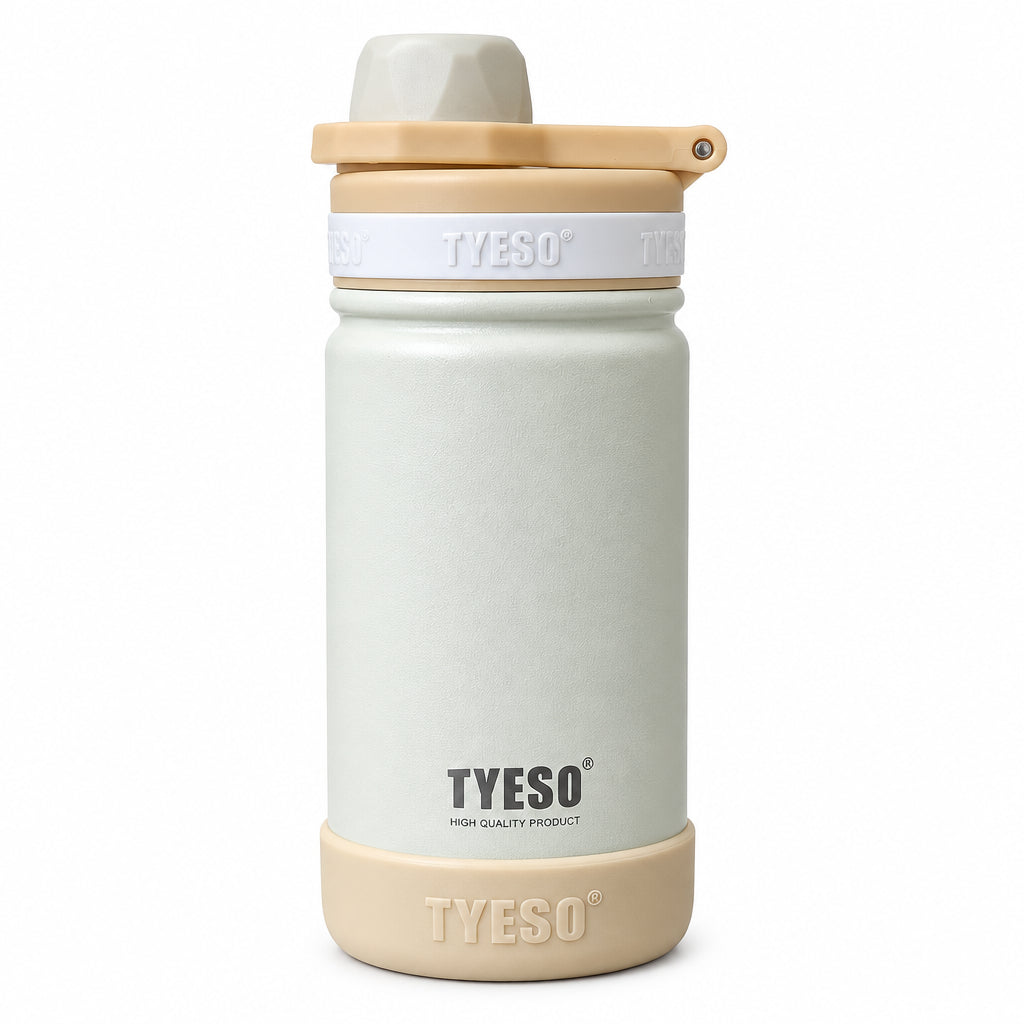 TYESO 420ml Vacuum Insulated Sports Bottle - Double-Wall Stainless Steel Water Thermal Flask with Straw Lid & Anti-Slip Protective Silicone Base for Kids & School
