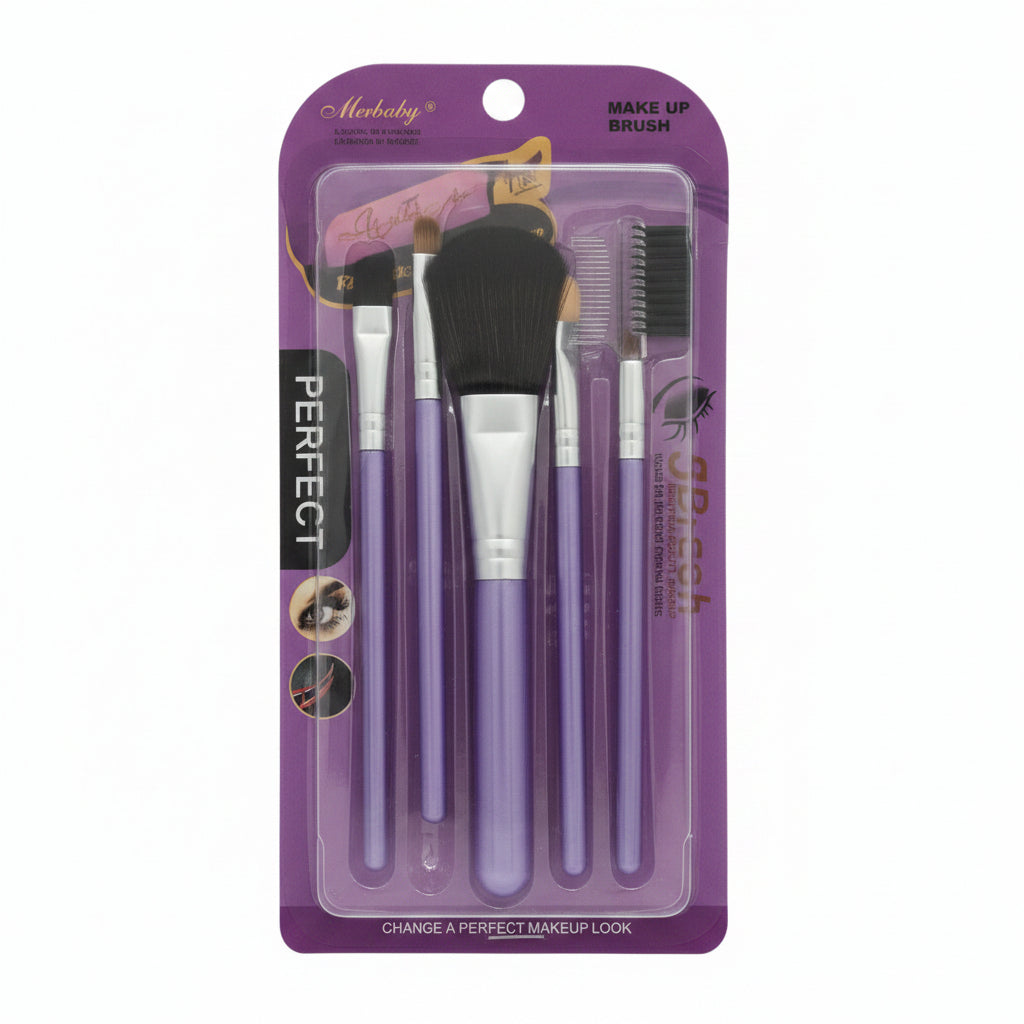 5-Piece Essential Metallic Purple Makeup Brush Set – Professional Cosmetic Kit with Eyebrow Comb