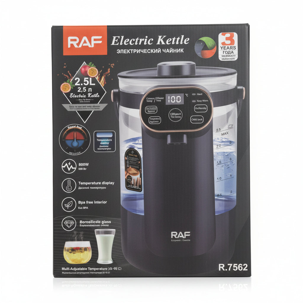 RAF 800W Smart Electric Kettle & Thermo Pot. 2.5L Borosilicate Glass Hot Water Dispenser with Temperature Display