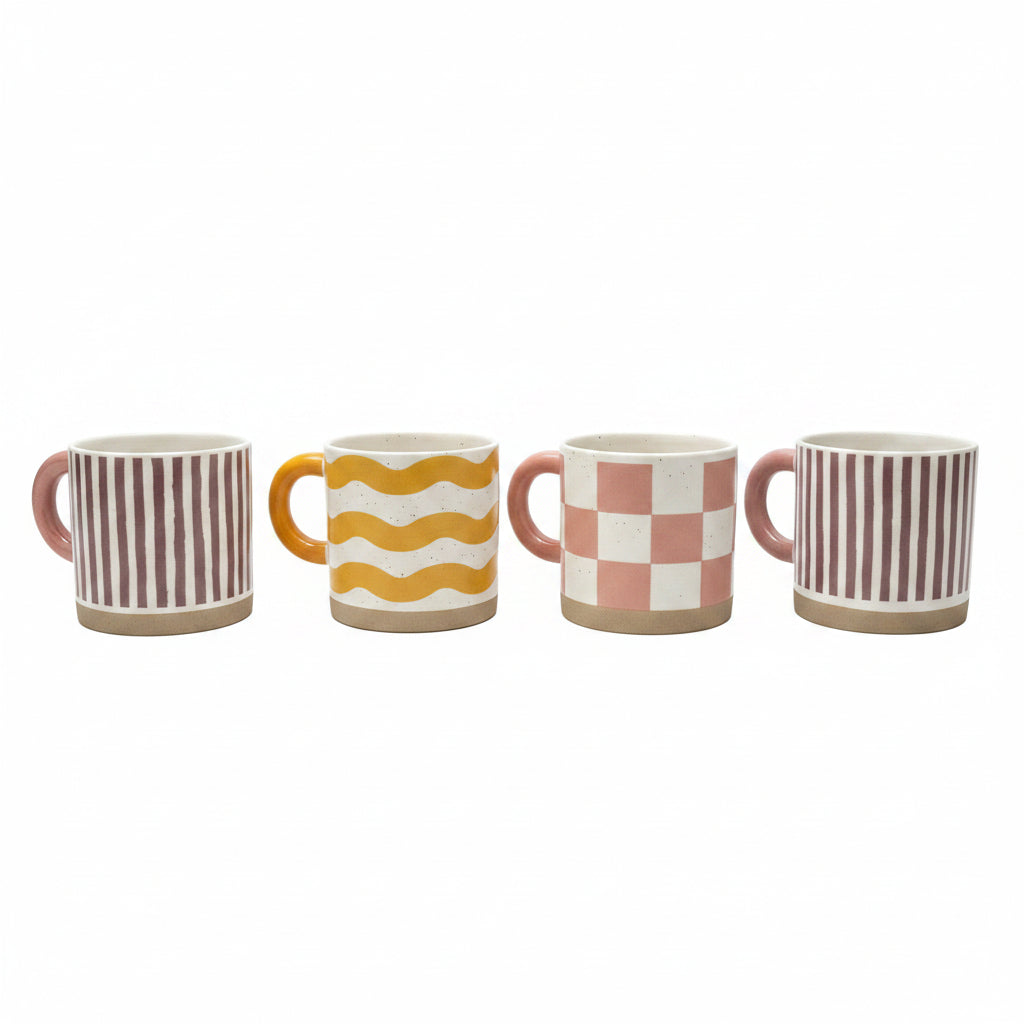 Saida Modern Geometric Speckled Ceramic Mug - Aesthetic Retro Checked & Striped Coffee Cup, Artisanal Raw Clay Base Espresso & Latte Mug with Chubby Handle