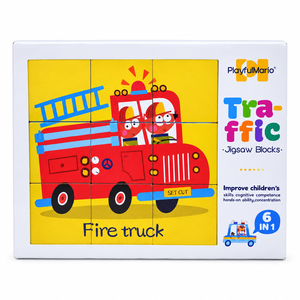 PlayfulMario Traffic 6-in-1 Jigsaw Blocks – 9-Piece Educational Wooden Cube Puzzle