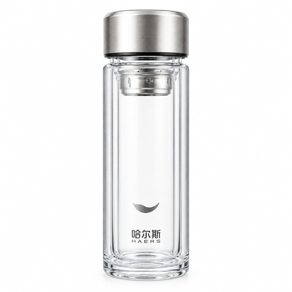 HAERS 300ml Double-Wall Glass Business Cup - Premium Insulated Borosilicate Glass Bottle with Built-in Tea Infuser & Leakproof Lid