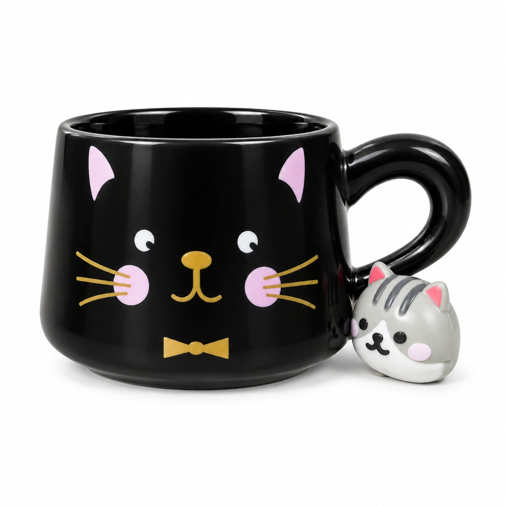 Cat-Themed Ceramic Mug Set with Wooden dish and Golden Spoon