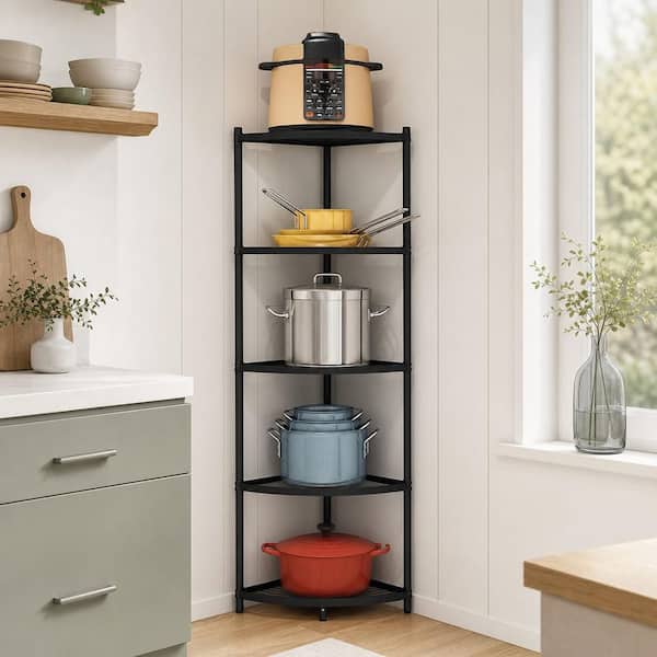 5-Tier Corner Storage Shelf – Black Vertical Kitchen and Room Organizer