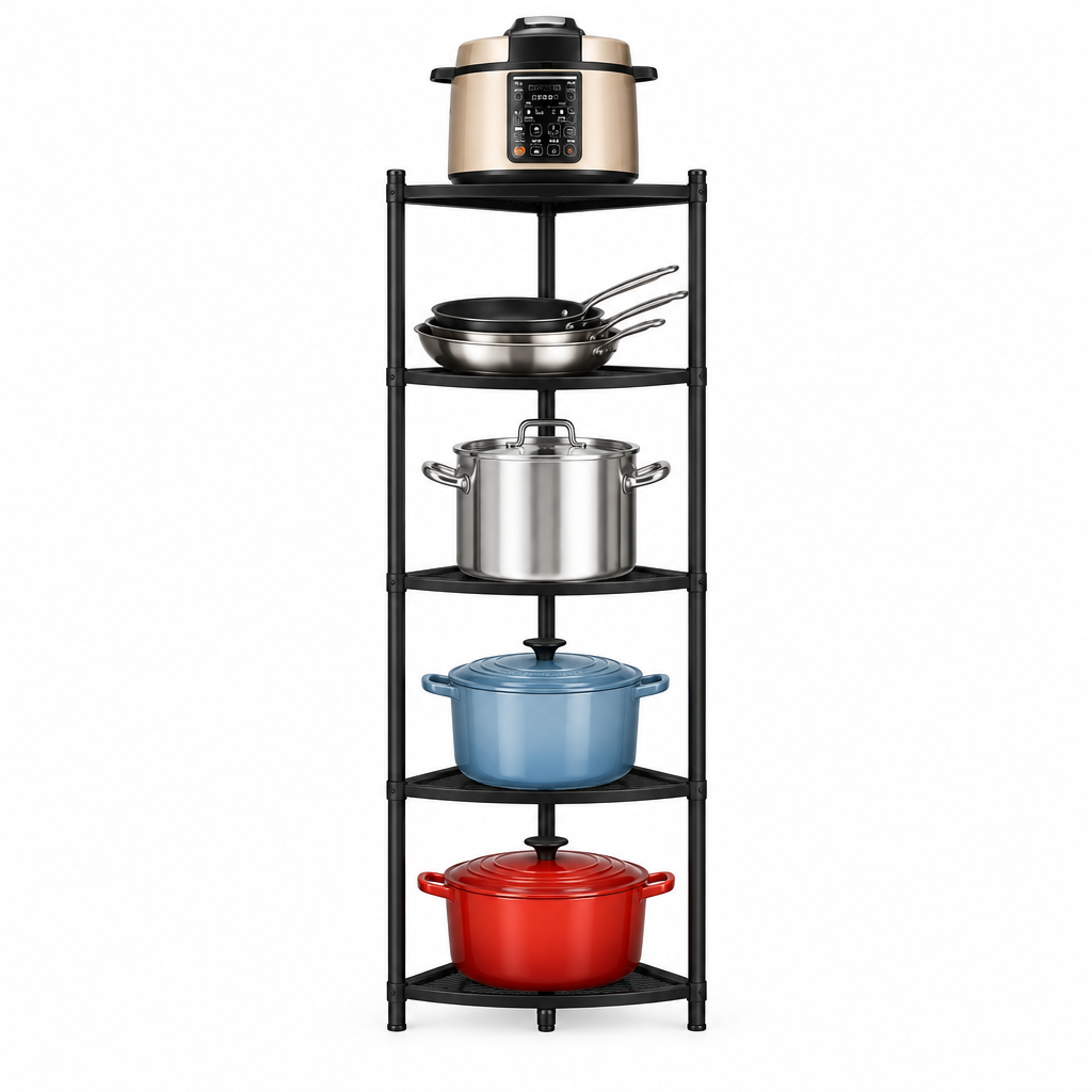 5-Tier Corner Storage Shelf – Black Vertical Kitchen and Room Organizer