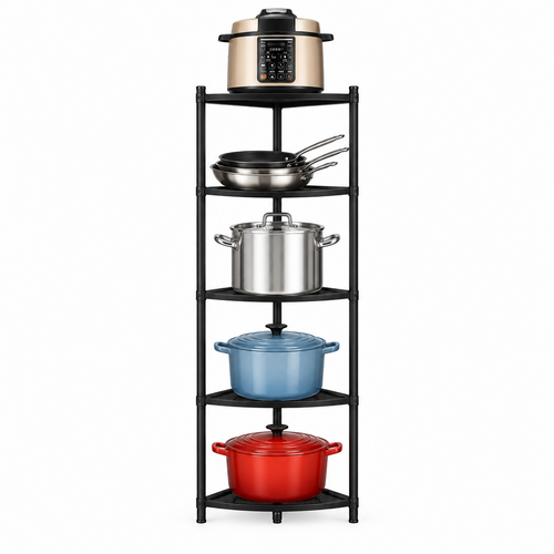 5-Tier Corner Storage Shelf – Black Vertical Kitchen and Room Organizer