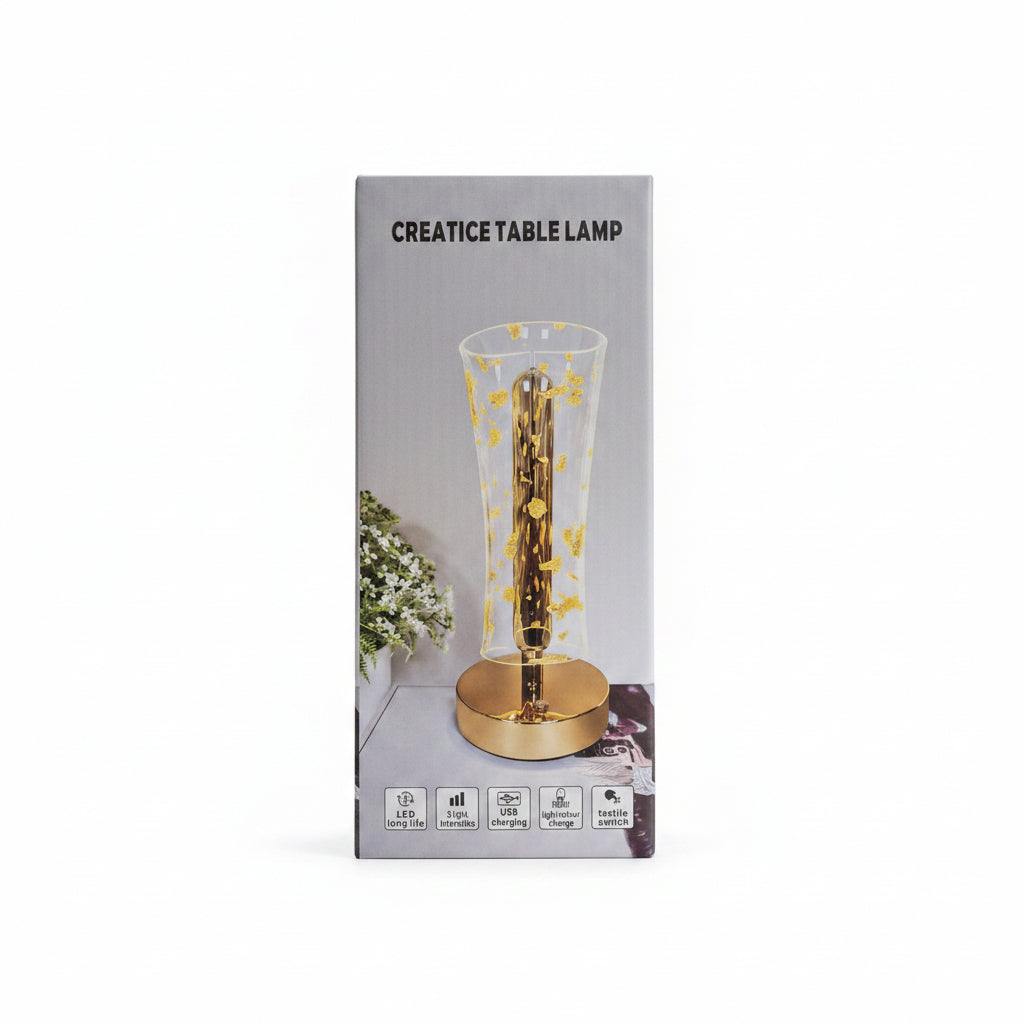 Luxury Crystal Gold Foil Table Lamp – Modern Rechargeable LED Ambient Desk Light with Touch Control, Dimmable Brightness, and Polished Gold Base