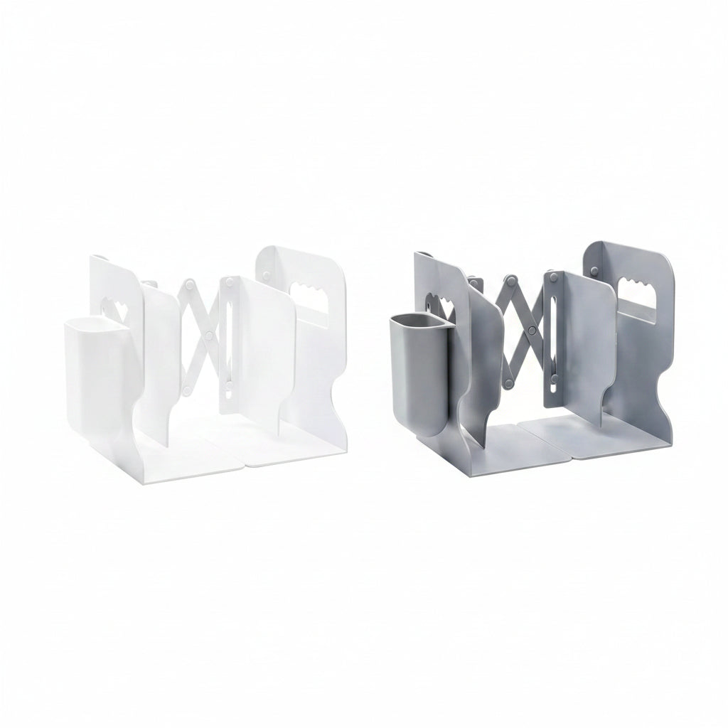 Adjustable Expandable Bookend with Pen Holder - Heavy Duty Desk Organizer and Flexible Book Stand for Office, School, and Home