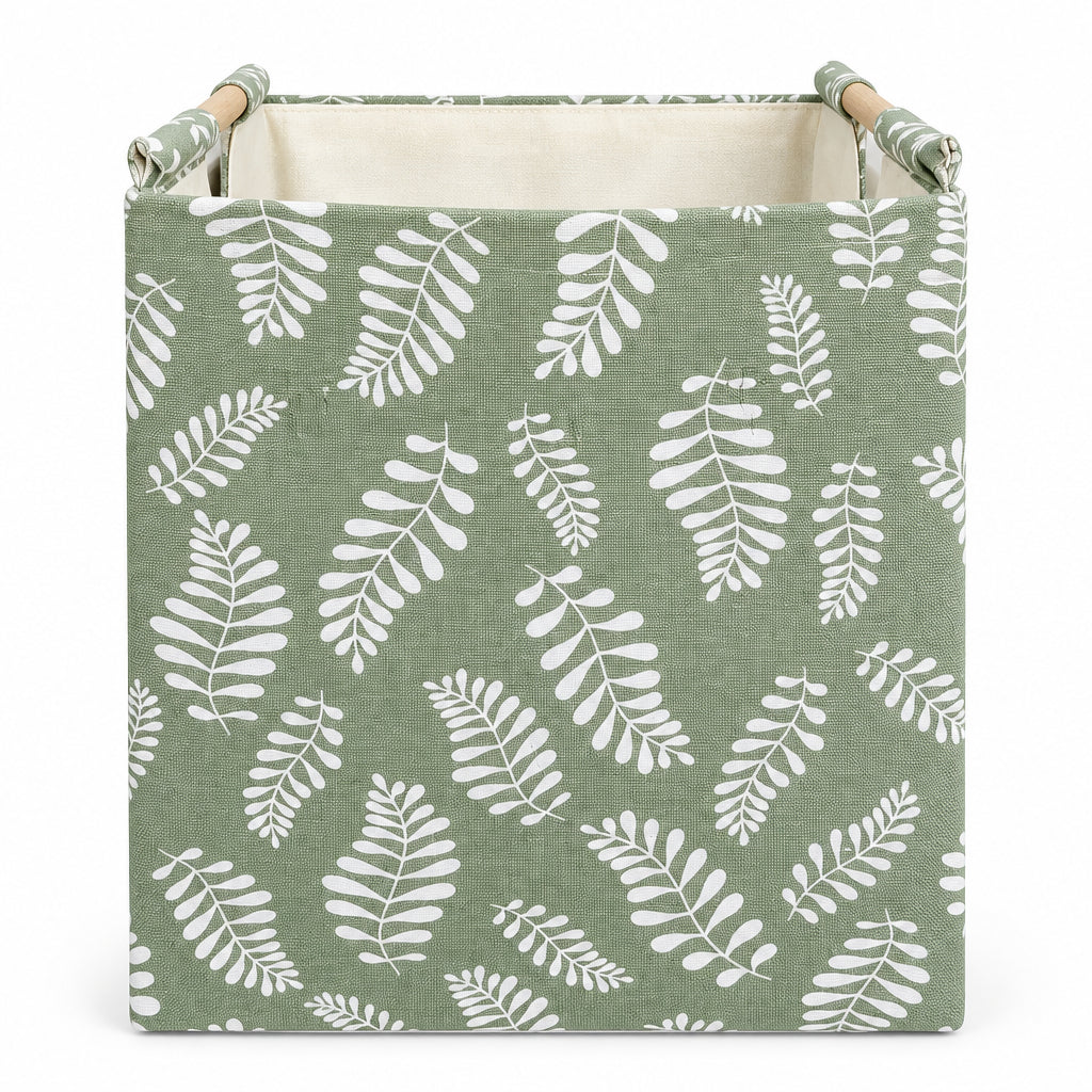 Green Fern Leaf Print Storage Basket – 45L Foldable Fabric Organizer with Wooden Handles