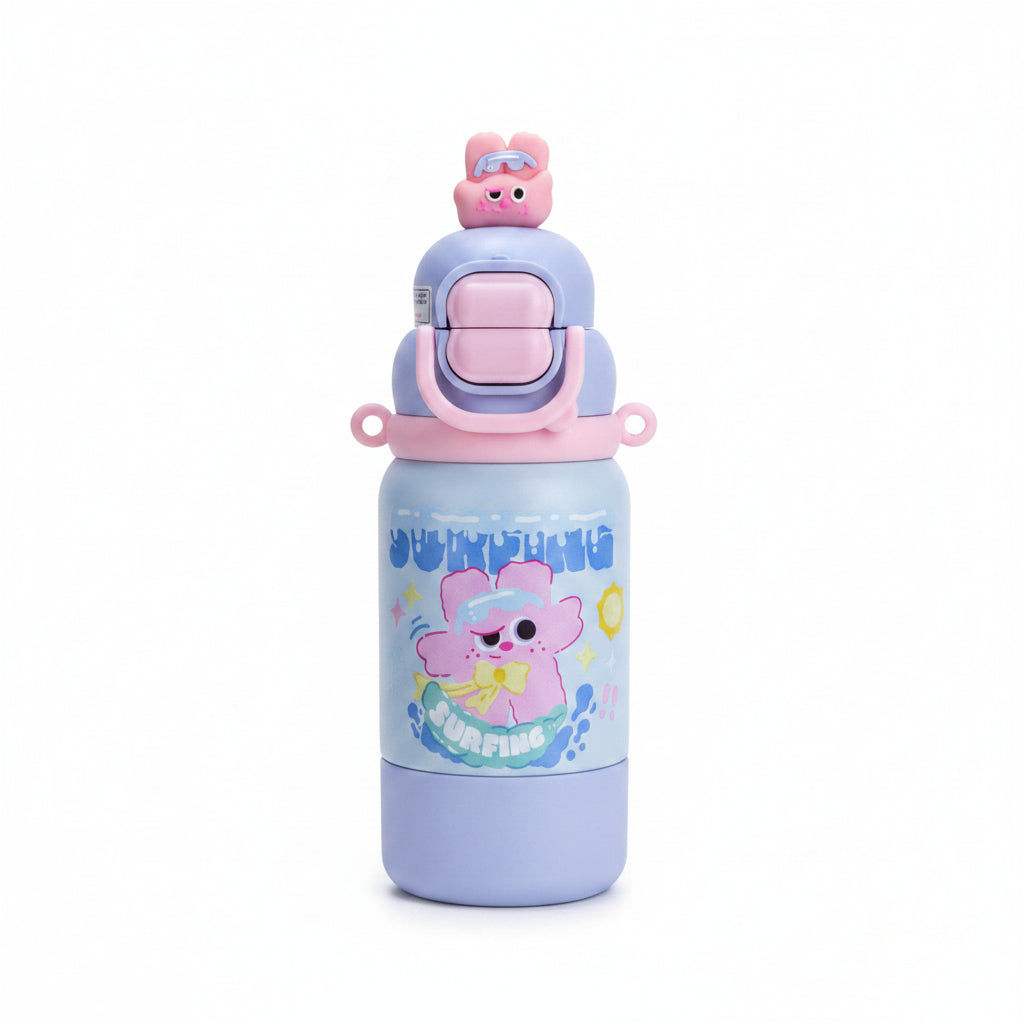 Cartoon Stainless Steel Kids Water Bottle with Built-in Cup 500ml - Purple