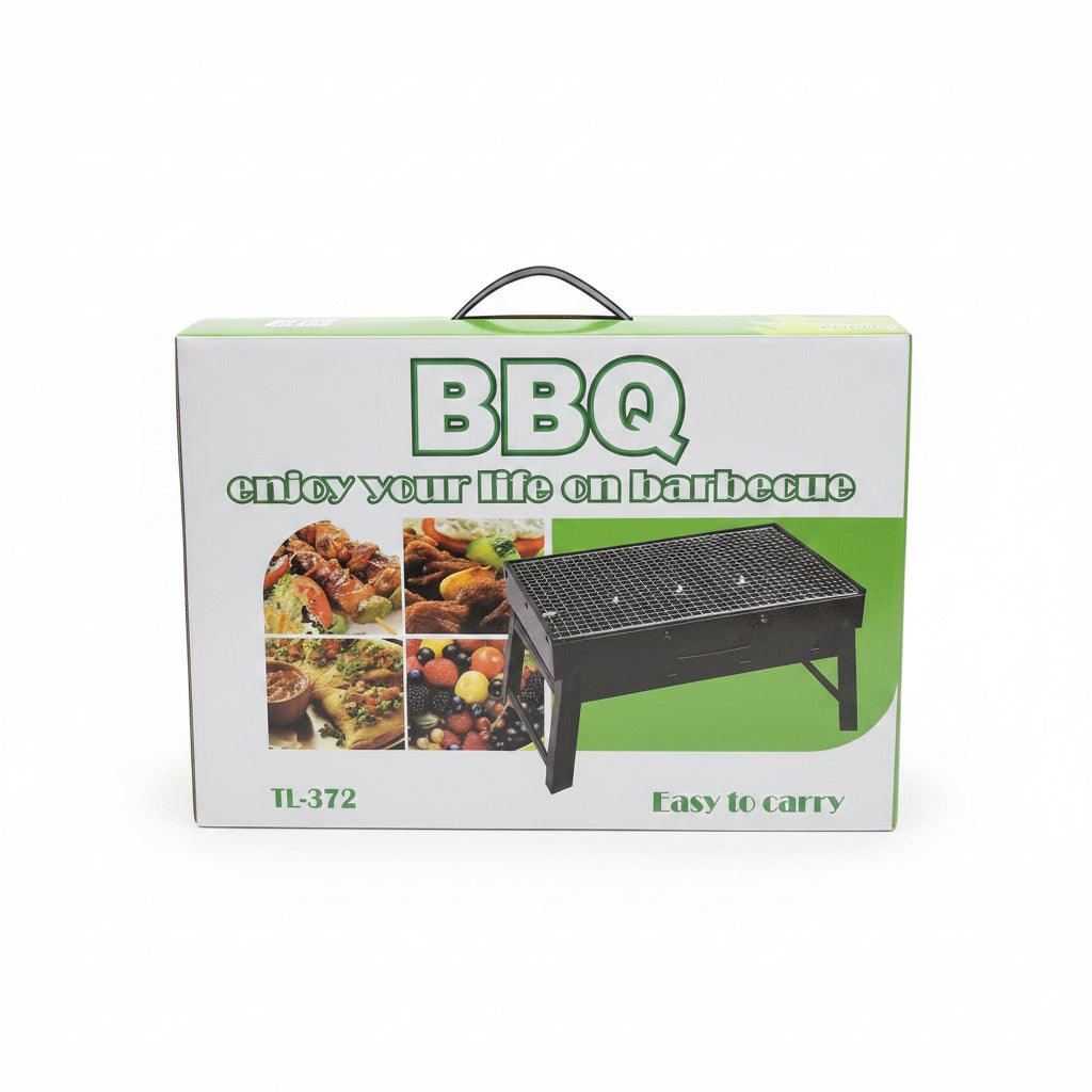 Portable Folding Charcoal BBQ Grill – Compact Outdoor Barbecue Set with Reinforced Wire Mesh Grate, Heat-Resistant Frame, and Integrated Carry Case Design, Model TL-372
