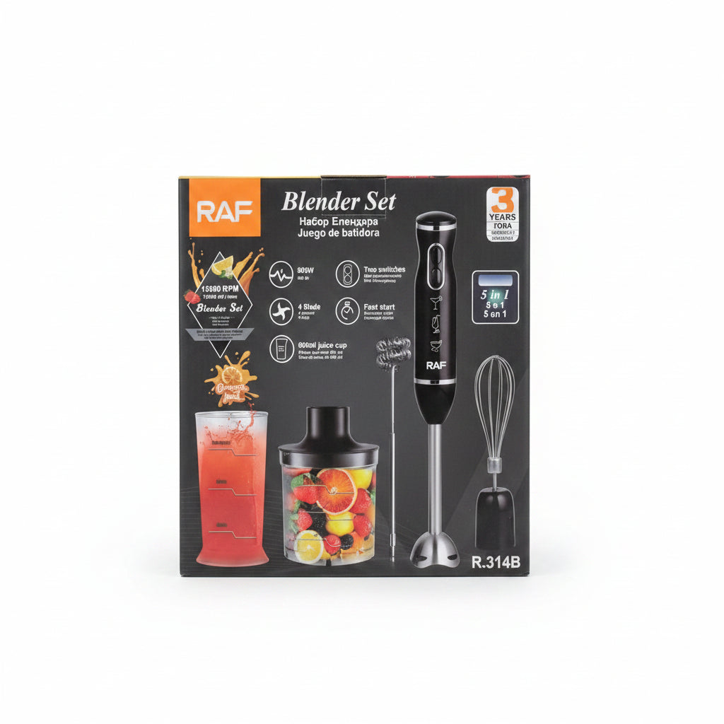 RAF 5-in-1 Handheld Electric Blender Set (R.314B) - 800W Powerful Immersion Blender with 600ml Food Chopper, Milk Frother, Whisk & Juice Cup