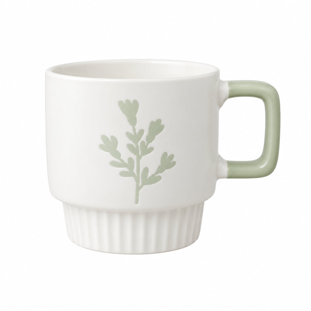 Saida Scandinavian Stackable Botanical Ceramic Mug - Nordic Matte Espresso & Cappuccino Cup, Space-Saving Ribbed Base Single Coffee Mug with Handle tree-lined