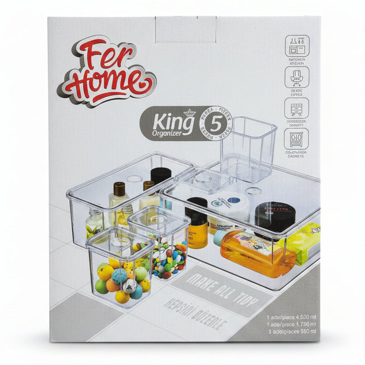 Fer Home King 5-Piece Clear Multi-Purpose Organizer Set with Lids