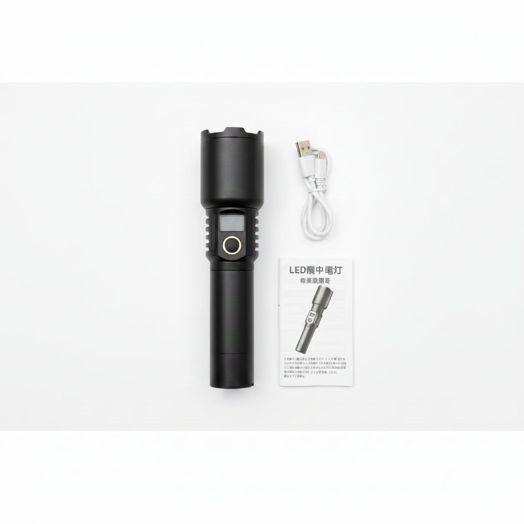 Ultra-Bright Multifunctional LED Flashlight – 5000mAh Rechargeable Power Bank Torch with Telescopic Zoom, 4 Light Modes, and Smart Digital Battery Display