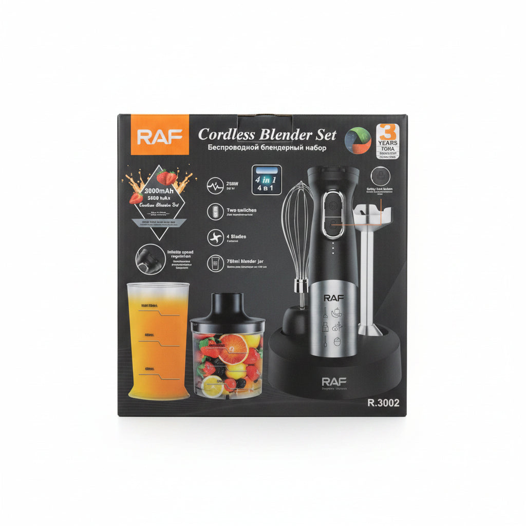 RAF R.3002 Cordless 4-in-1 Hand Blender Set. Rechargeable Immersion Blender, Food Chopper, & Whisk Kit