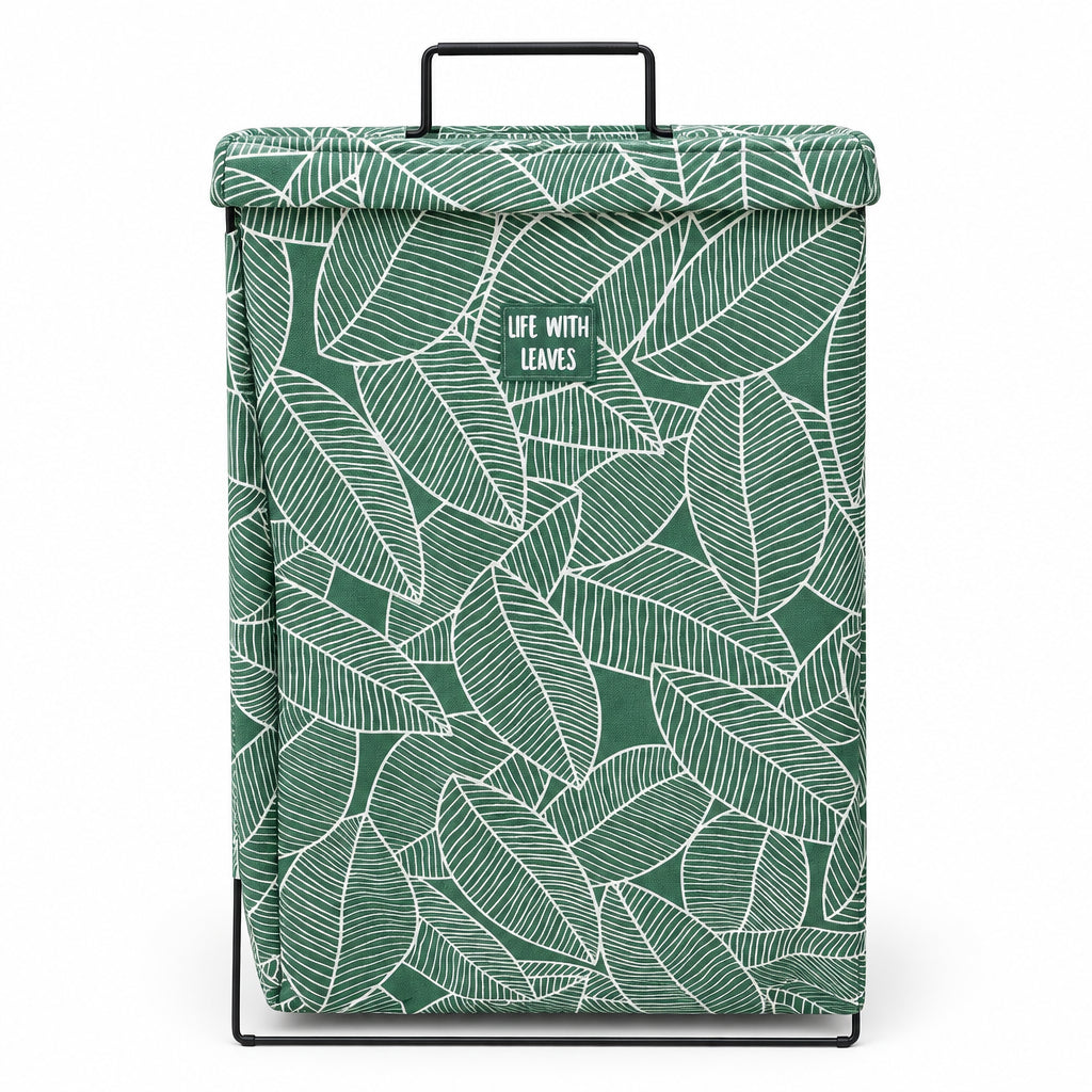 Green Leaf Print Laundry Hamper – Stand-Up Metal Frame Basket - Large
