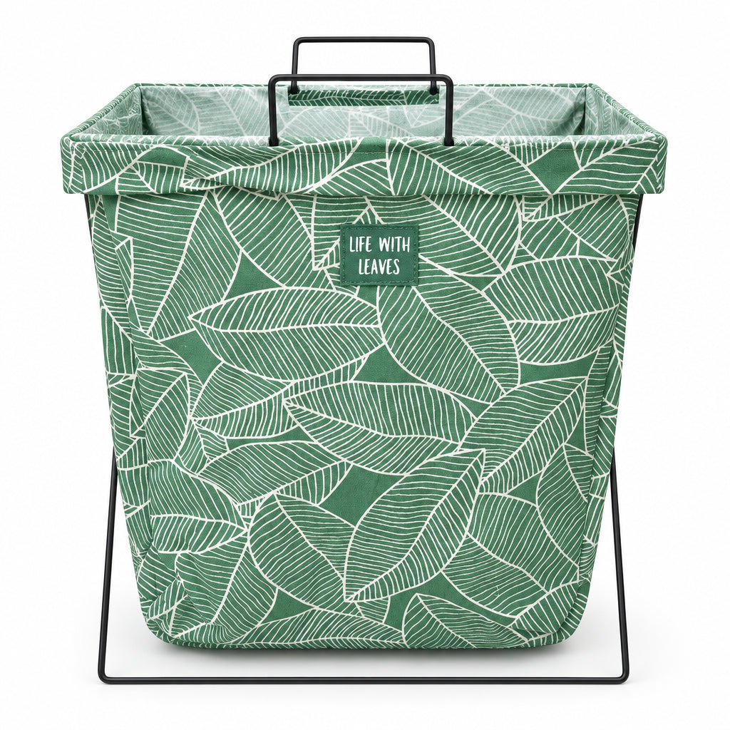Green Leaf Print Laundry Hamper – Stand-Up Metal Frame Basket - medium